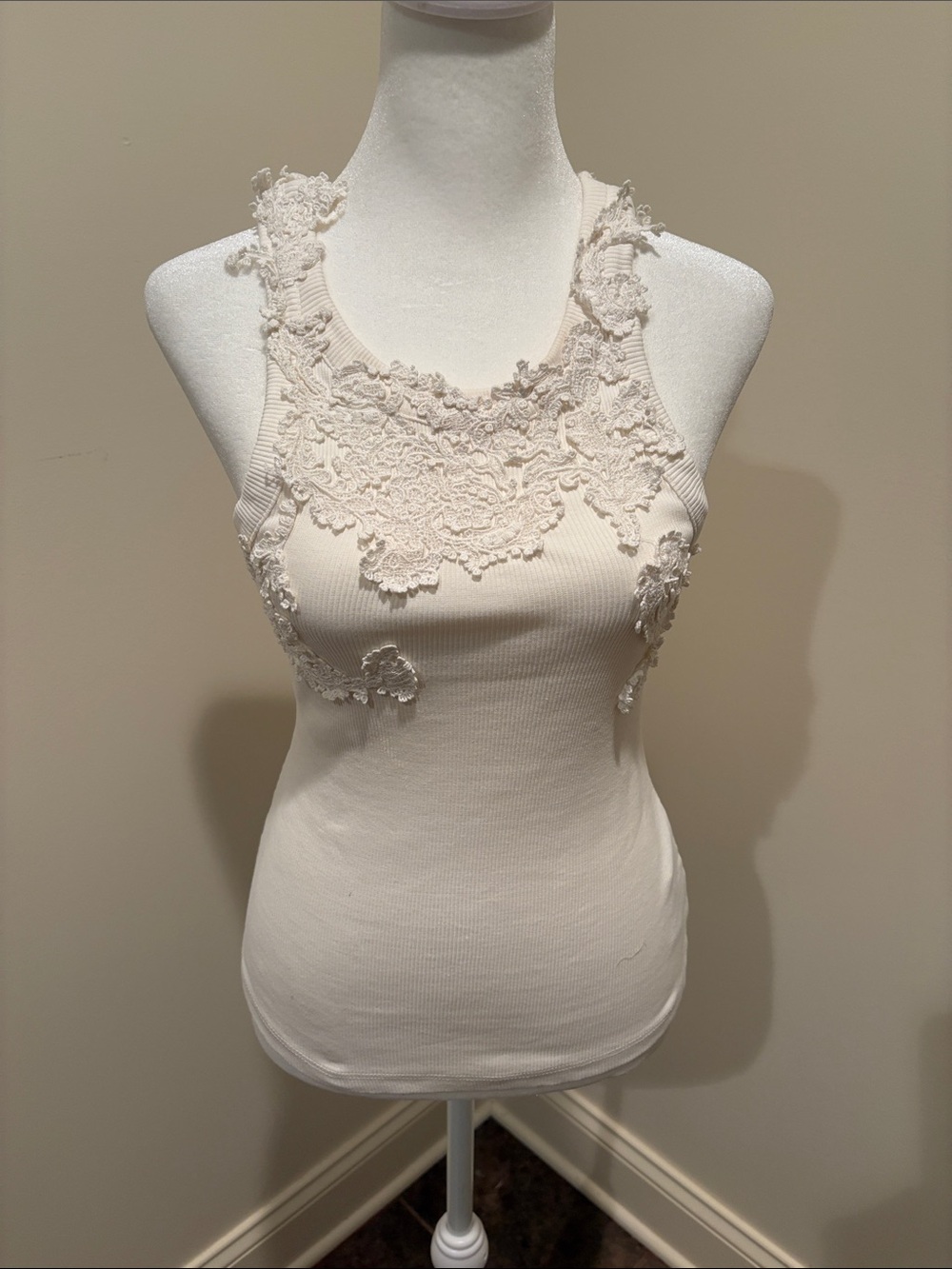 Anthropologie Cream Lace Appliqué Ribbed Tank Top